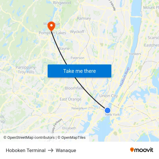 Hoboken Terminal to Wanaque map