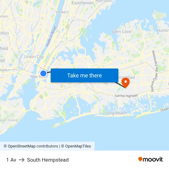 1 Av to South Hempstead map