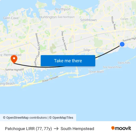 Patchogue LIRR (77, 77y) to South Hempstead map