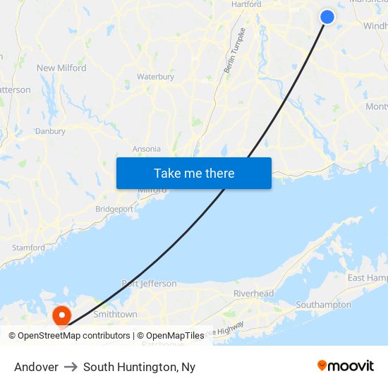 Andover to South Huntington, Ny map