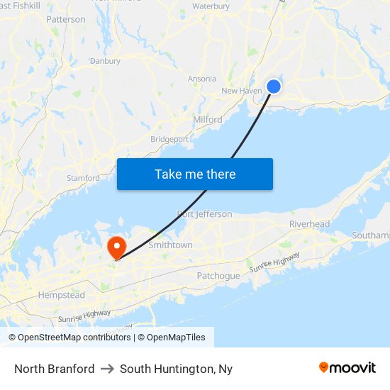 North Branford to South Huntington, Ny map