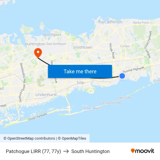 Patchogue LIRR (77, 77y) to South Huntington map