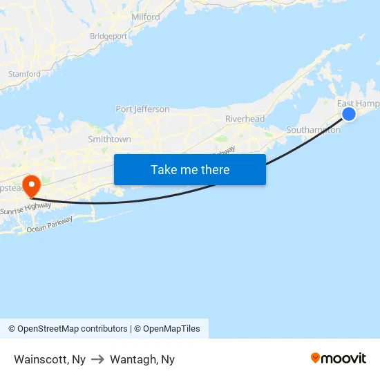 Wainscott to Wantagh, Ny map