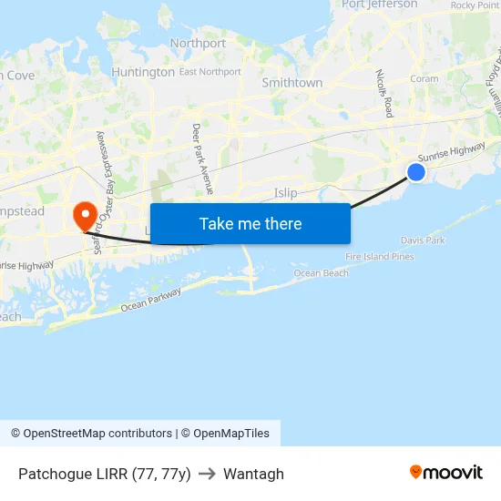 Patchogue LIRR (77, 77y) to Wantagh map