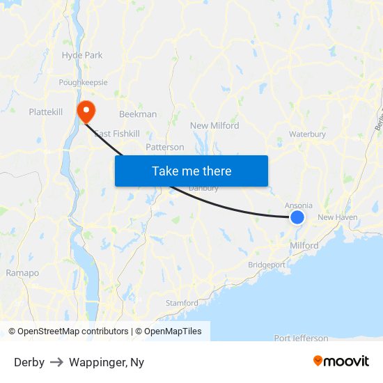 Derby to Wappinger, Ny map