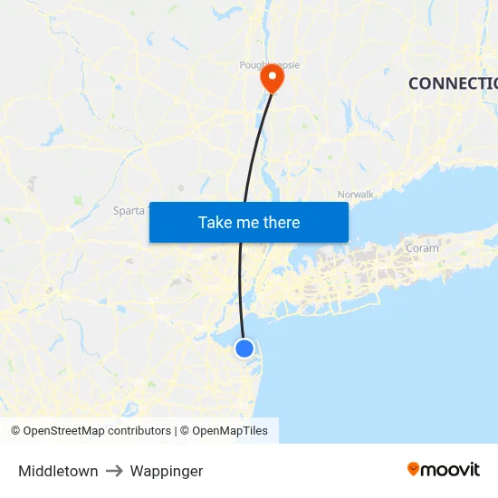 Middletown to Wappinger map