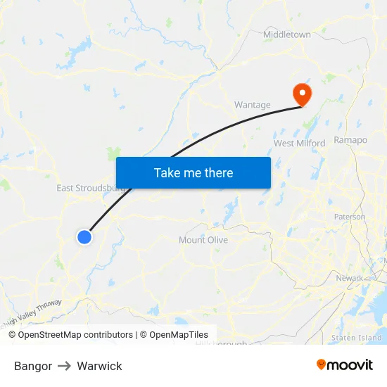Bangor to Warwick map