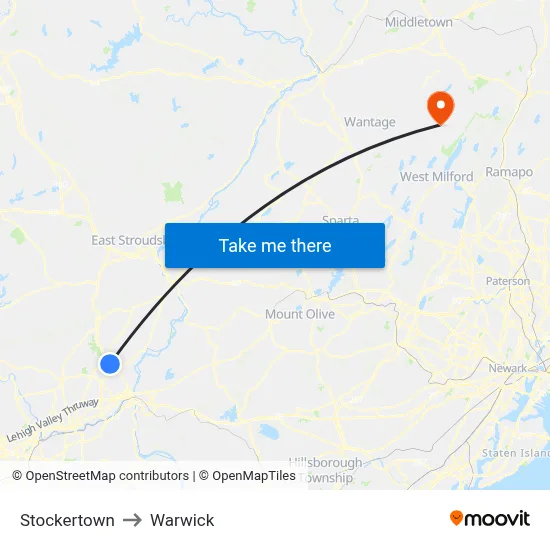 Stockertown to Warwick map
