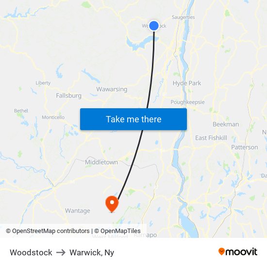 Woodstock to Warwick, Ny map