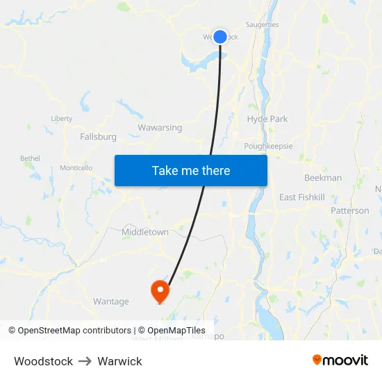 Woodstock to Warwick map