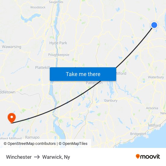 Winchester to Warwick, Ny map