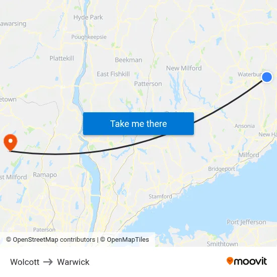 Wolcott to Warwick map