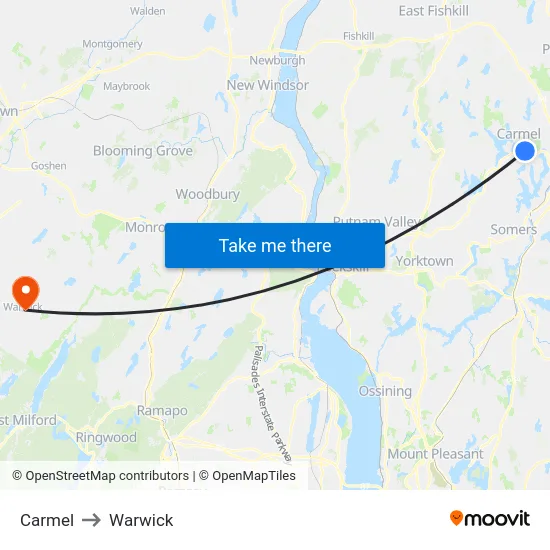 Carmel to Warwick map