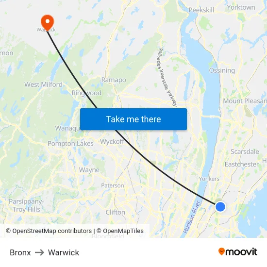 Bronx to Warwick map