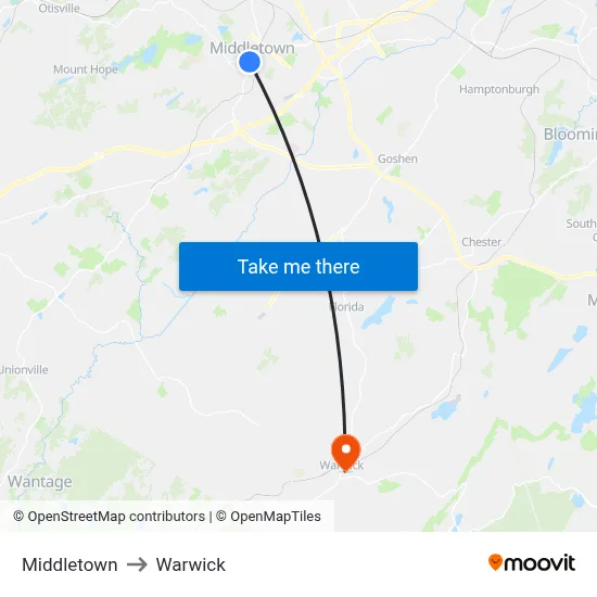 Middletown to Warwick map