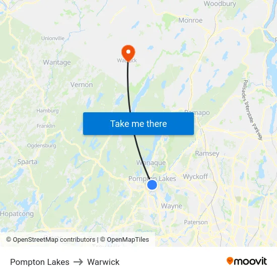 Pompton Lakes to Warwick map