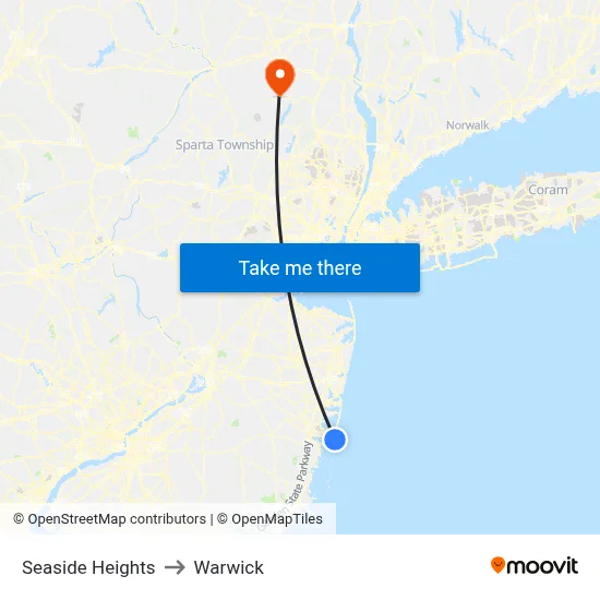 Seaside Heights to Warwick map