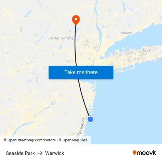 Seaside Park to Warwick map
