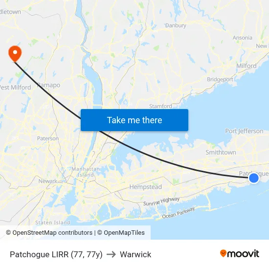 Patchogue LIRR (77, 77y) to Warwick map