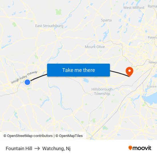 Fountain Hill to Watchung, Nj map