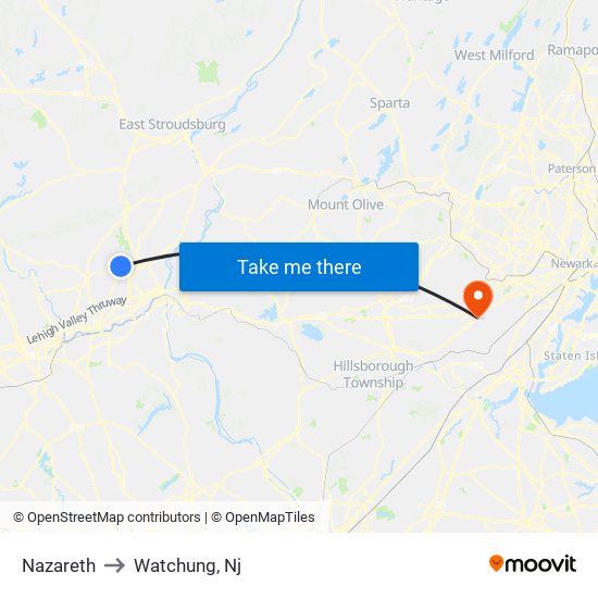 Nazareth to Watchung, Nj map