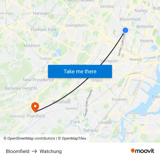Bloomfield to Watchung map