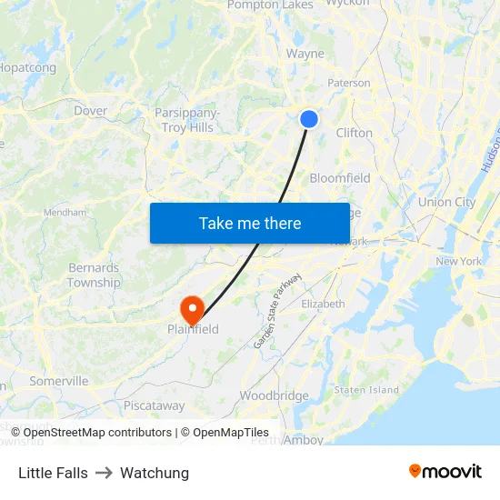 Little Falls to Watchung map