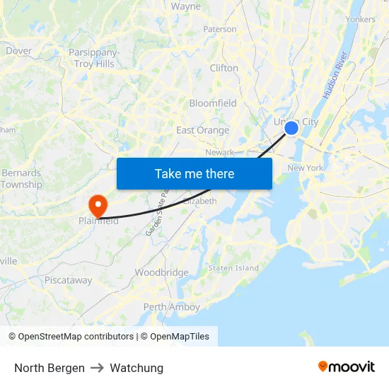 North Bergen to Watchung map