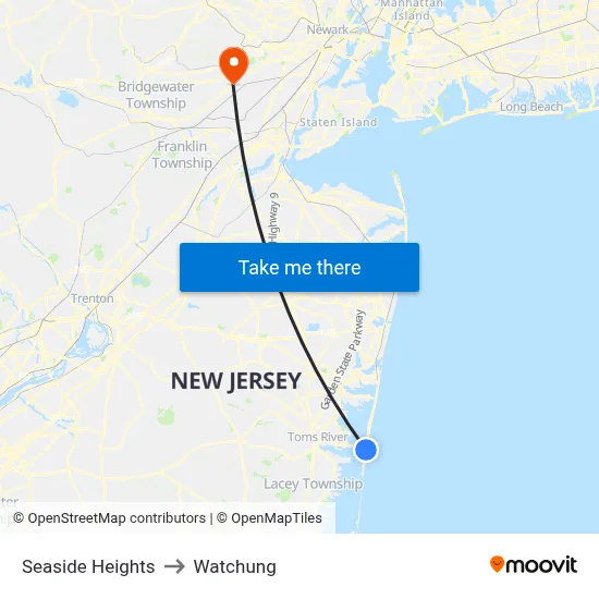 Seaside Heights to Watchung map