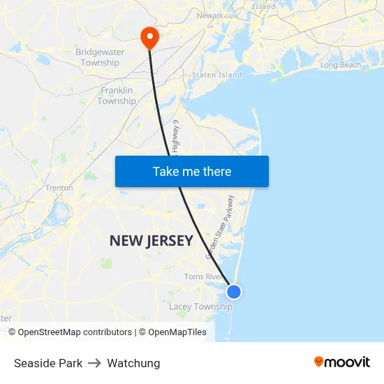 Seaside Park to Watchung map