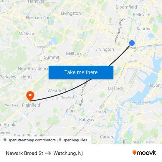 Newark Broad St to Watchung, Nj map