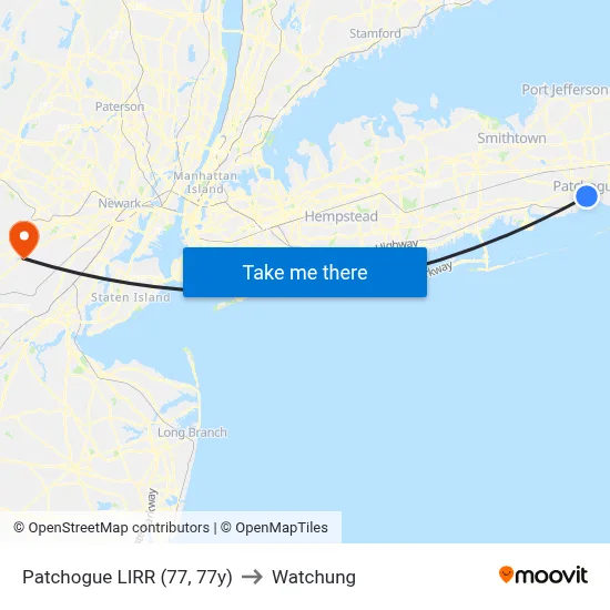 Patchogue LIRR (77, 77y) to Watchung map