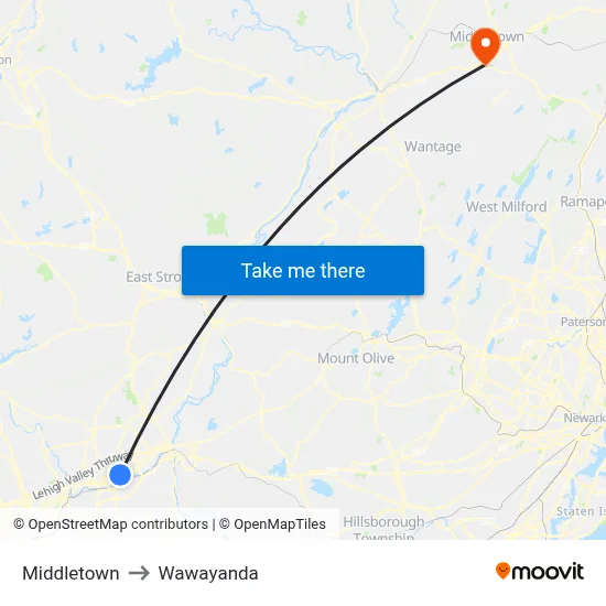 Middletown to Wawayanda map
