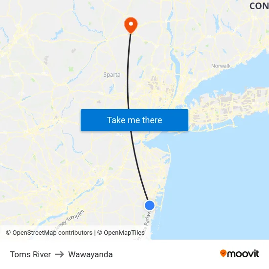 Toms River to Wawayanda map