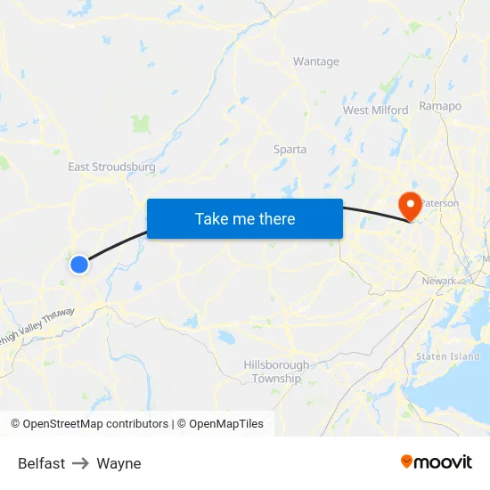 Belfast to Wayne map