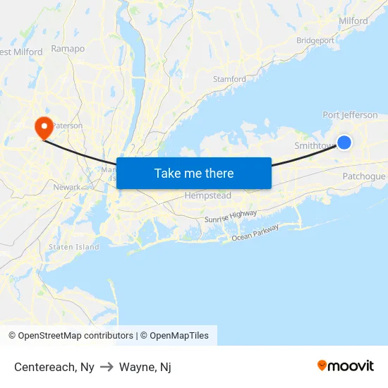 Centereach to Wayne, Nj map