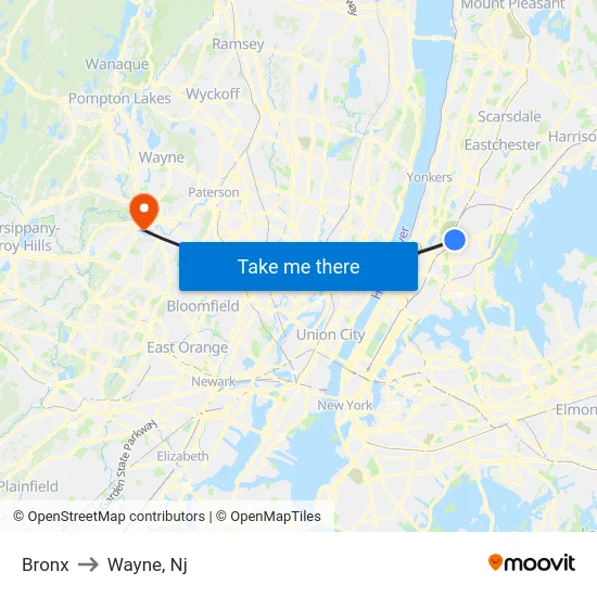 Bronx to Wayne, Nj map
