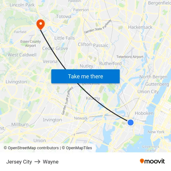 Jersey City to Wayne map