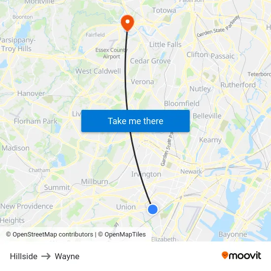 Hillside to Wayne map