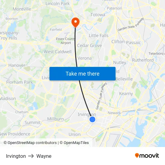 Irvington to Wayne map