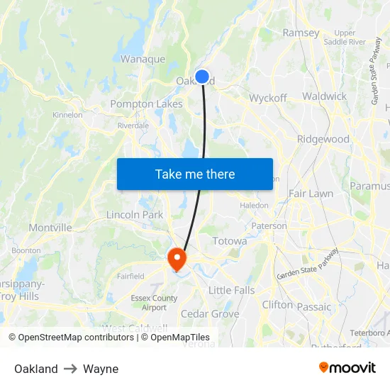 Oakland to Wayne map
