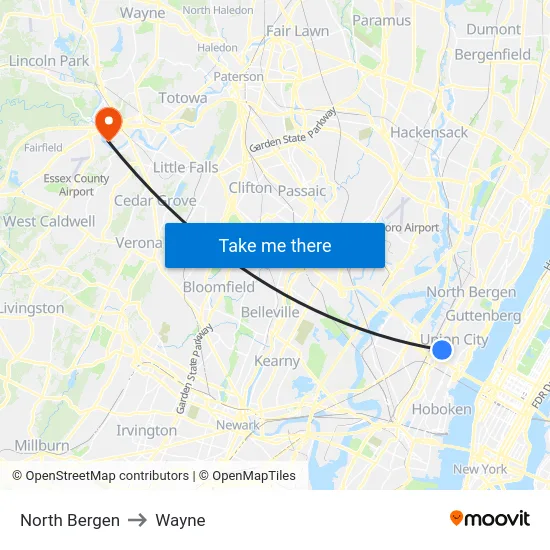 North Bergen to Wayne map