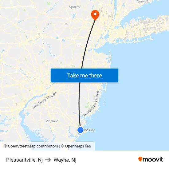 Pleasantville to Wayne, Nj map