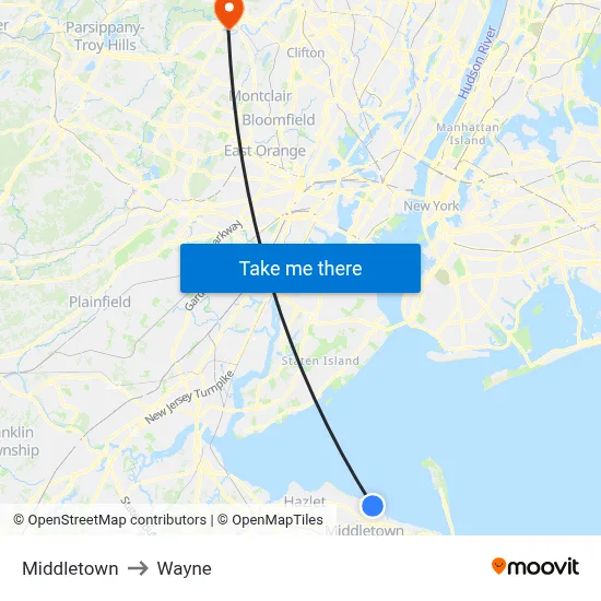 Middletown to Wayne map