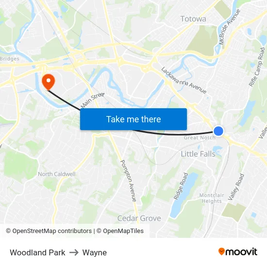 Woodland Park to Wayne map