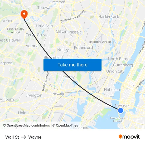 Wall St to Wayne map