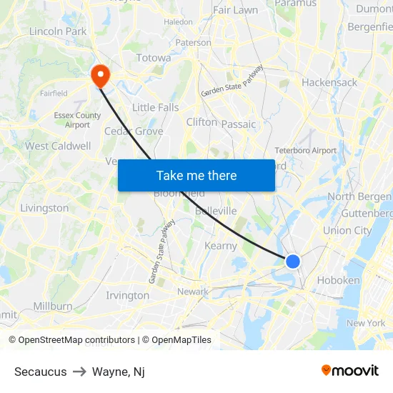 Secaucus to Wayne, Nj map