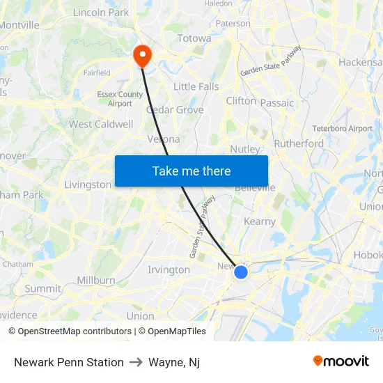 Newark Penn Station to Wayne, Nj map