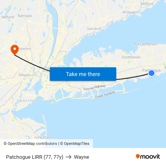 Patchogue LIRR (77, 77y) to Wayne map