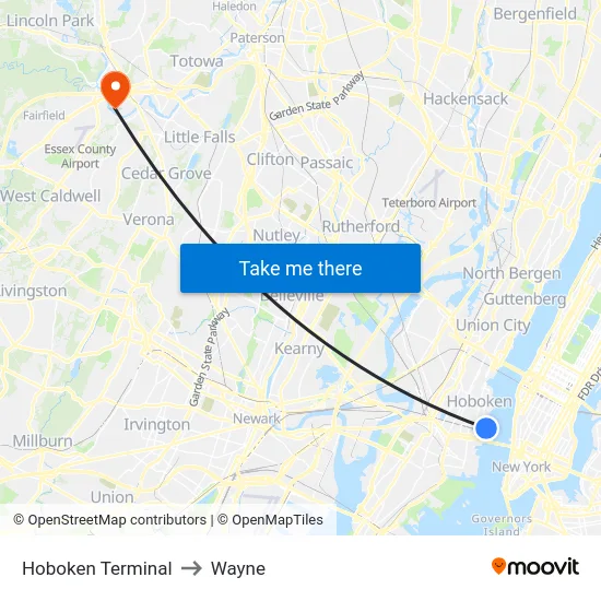 Hoboken Terminal to Wayne map